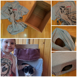Из старой коробки и ненужной футболки сделали домик для кошки