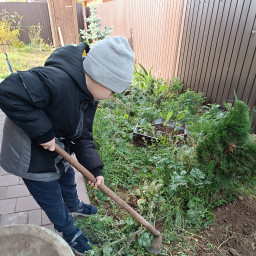 Помогал родителям в огороде.