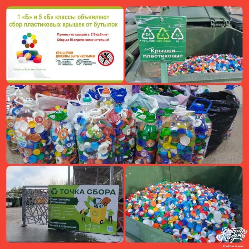 Наш класс организовал сбор пластиковых крышек. Я с родителями сдал их в точку приёма. Экологическая акция.